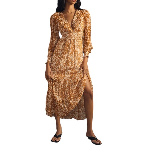 Anthropologie Dresses & Skirts - Anthropologie Odetta Ruffled V-Neck Maxi Long Dress - Gold Brown White - Large
